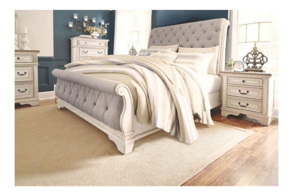 Realyn Two tone 8 Pc. Dresser, Mirror, Chest, Queen Upholstered Sleigh Bed, 2 Nightstands - Image 5