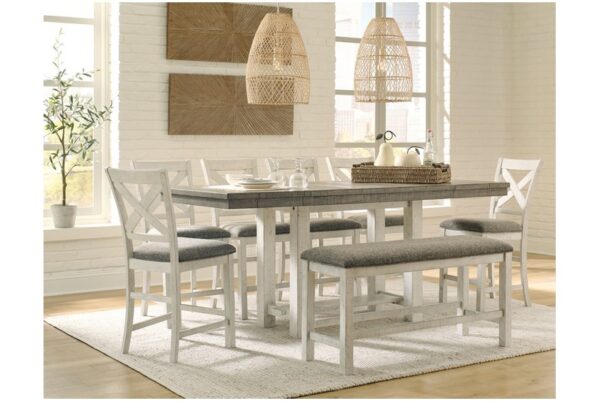 Brewgan White Brown Beige 8 Pc. Counter Extension Table, 6 Barstools, Double Bench