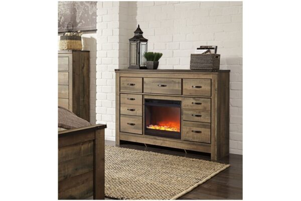 Trinell Brown Dresser With Fireplace Option, Mirror