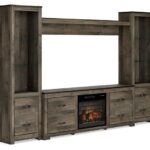 Trinell Brown 4 Piece Entertainment Center With 72″ TV Stand And Faux Firebrick Fireplace Insert