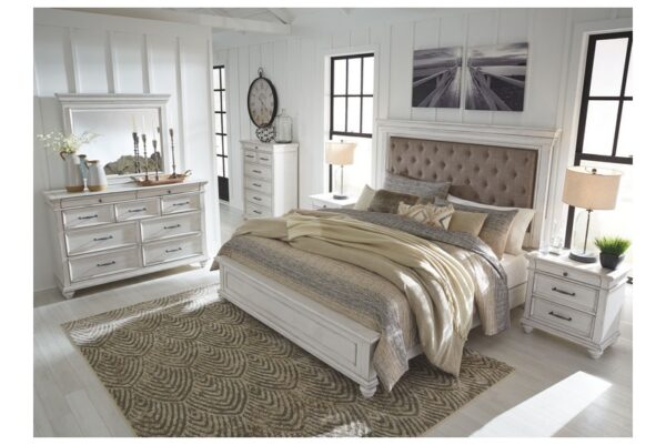 Kanwyn Whitewash 8 Pc. Dresser, Mirror, Chest, Queen Upholstered Panel Bed, 2 Nightstands - Image 2