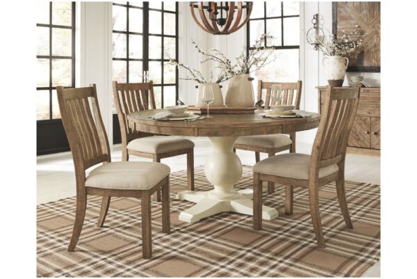 Grindleburg Light Brown 7 Pc. Dining Room Table, 4 Upholstered Side Chairs, Server